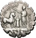 Denarius serratus (Postumia: Aulus Postumius Albinus; A•POST•A•F S•N•ALBIN)