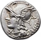 Denarius (Baebia: Marcus Baebius Tampilus; TAMPIL / M•BAEBI•Q•F ROMA)