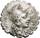 Denarius serratus (Aurelia: Marcus Aurelius Scaurus; M•AVRELI ROMA / SCAVRI L•LIC•CN•DOM)