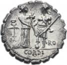 Denarius serratus (Fufia: Quintus Fufius Calenus; HO VIRT KALENI / ITAL RO CORDI)