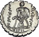 Denarius serratus (Aquillia: Manius Aquillius; VIRTVS III•VIR / MN•AQVIL MN•F•MN•N SICIL)