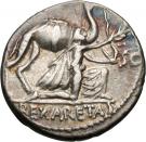 Denarius (Aemilia: Marcus Aemilius Scaurus; dromedary / quadriga)