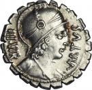 Denarius serratus (Aquillia: Manius Aquillius; VIRTVS III•VIR / MN•AQVIL MN•F•MN•N SICIL)