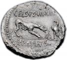 Denarius (Papia: Lucius Papius Celsus; TRIVMPVS / L•PAPIVS CELSVS•III•VIR)