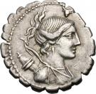 Denarius serratus (Postumia: Aulus Postumius Albinus; A•POST•A•F S•N•ALBIN)