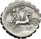 Denarius serratus (Aurelia: Marcus Aurelius Scaurus; M•AVRELI ROMA / SCAVRI L•LIC•CN•DOM)