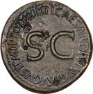 Sestertius - Augustus (TI CAESAR DIVI AVG F AVGVST P M TR POT XXXIIX SC; Strike under Tiberius; Rome mint)