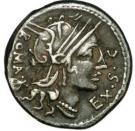 Denarius (Sergia: Marcus Sergius Silus; EX•S•C ROMA / Q M•SERGI SILVS)