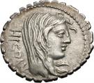 Denarius serratus (Postumia: Aulus Postumius Albinus; HISPAN / A•POST•A•F•S•N ALBIN)