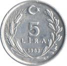 5 Lira (small type; crescent to right)